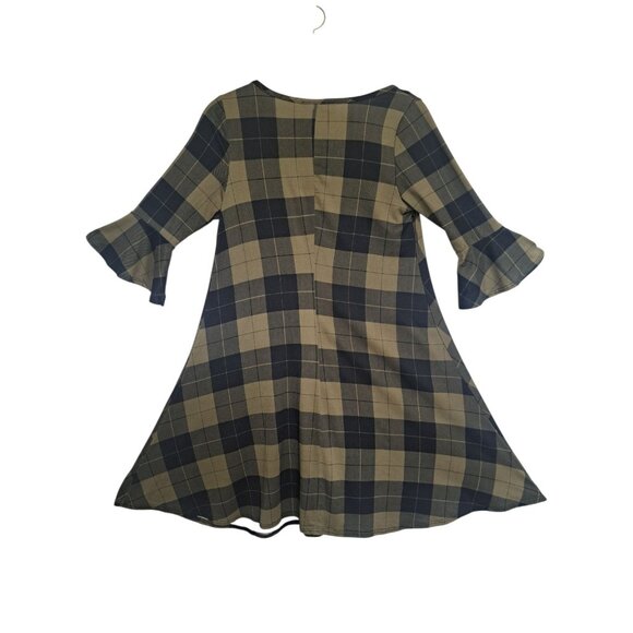 French Atmosphere Plaid Bell Sleeve Dress Womens L Black/Tan Checkered A Line - Picture 2 of 5